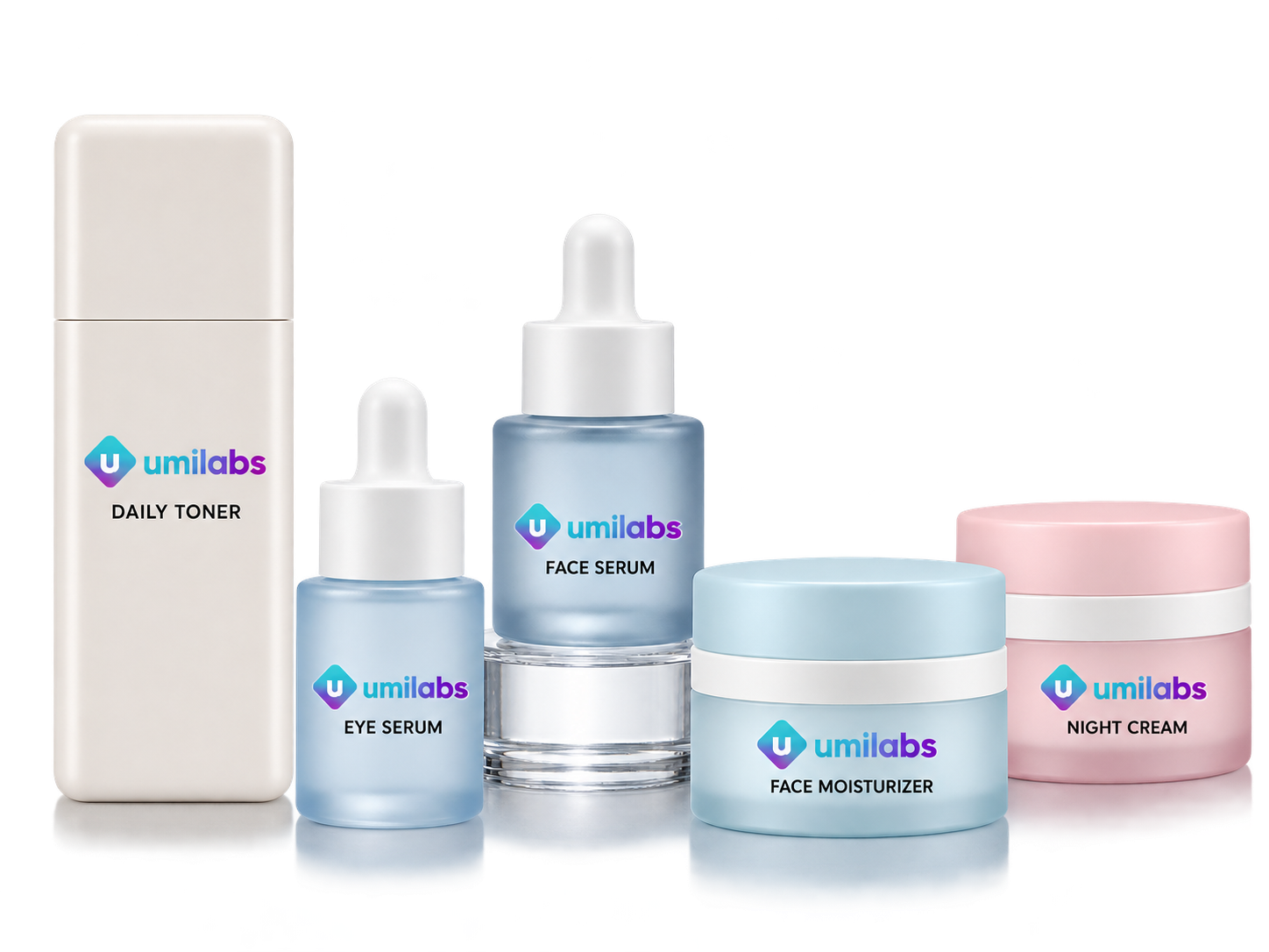 Five umilabs skincare package formats: toner, face serum, eye serum, night cream, and moisturizer